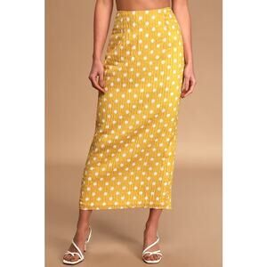 Lulus Toby Heart Ginger Selena Yellow Polka Dot Midi Fitted Pencil Skirt Size XS